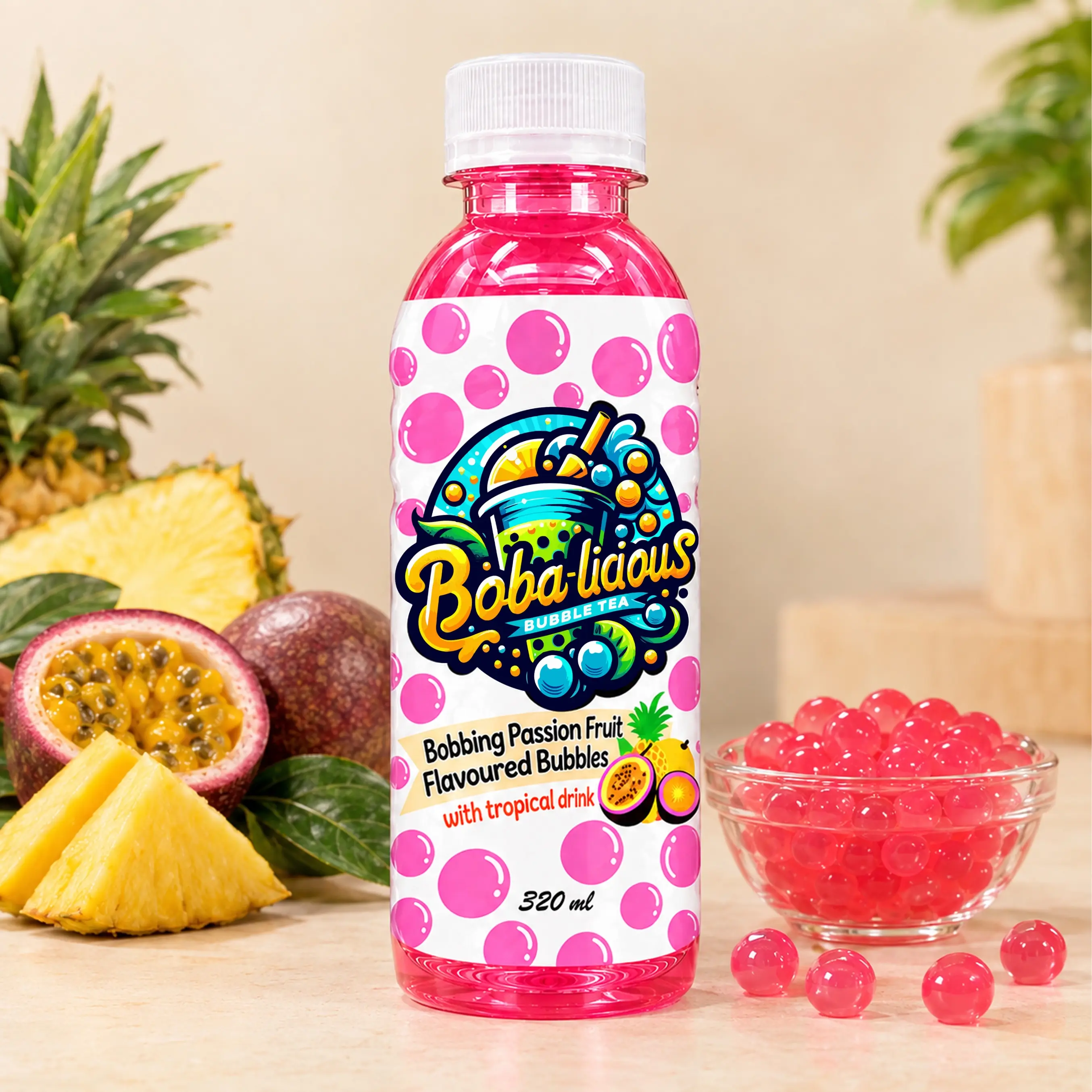 BUBBLE TEA Boba-licious 320 ml bottle with passion fruit flavoured bubbles, tropical drink, passion fruit, pineapple and popping boba.